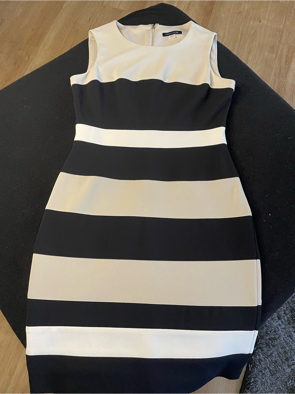 Tommy Hilfiger Black and Cream Striped Midi Sheath Dress